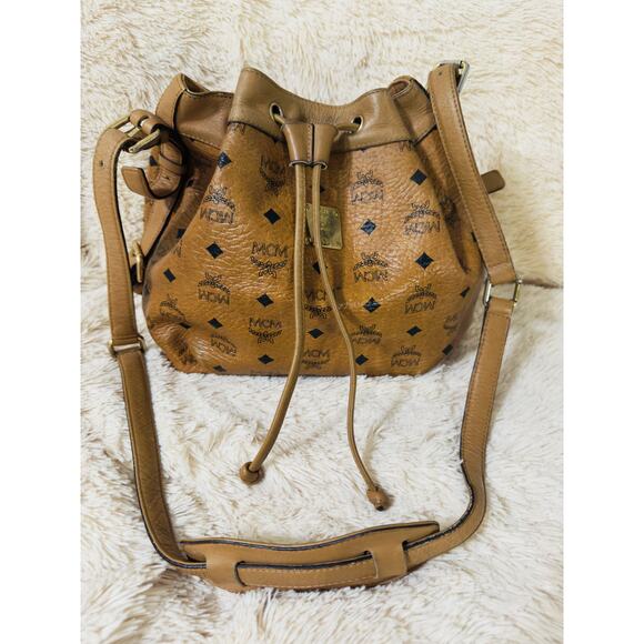 MCM Leather Drawstring Bucket Bag - Visetos Cognac - Picture 3 of 14